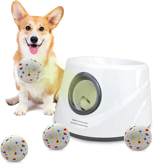 SOCO Automatic Ball Launcher for Dogs with Random Mode, 3 Settings to 45FT, Rechargeable Small Dog Ball Thrower with 4 2.2" ETPU Tennis Balls for Small Medium Breeds