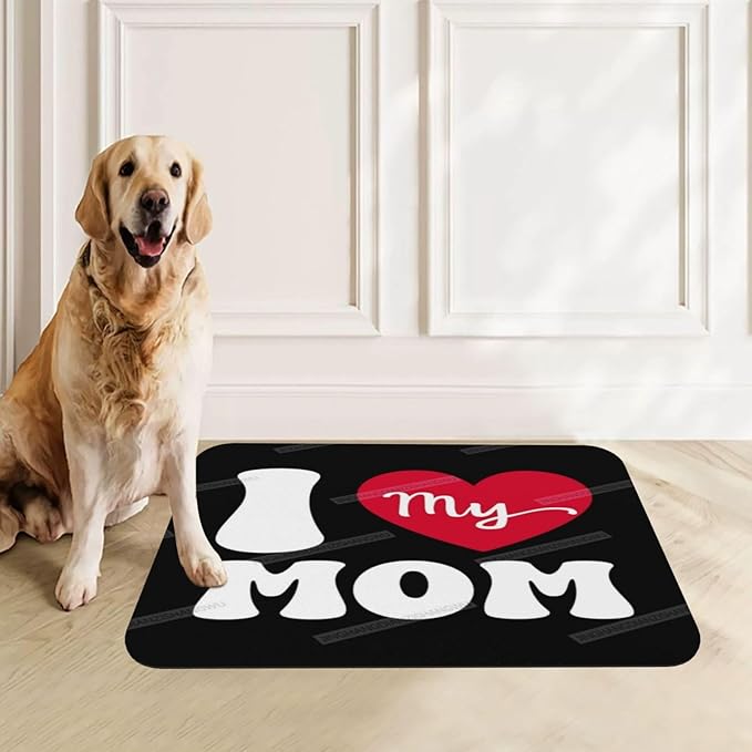 Pet Feeding Mat for Floors Waterproof Dog Mat for Food and Water Happy Mother's Day I Love Mom Gift Red Heart Absorbent Quick Dry Non Slip Mats Cat Bowls 18X12In