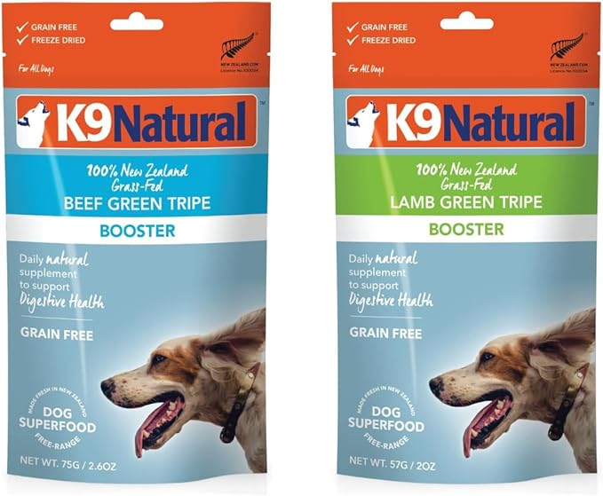K9 Natural Freeze Dried Dog Food Topper, Beef Green Tripe, 2.6oz and Lamb Green Tripe, 2oz