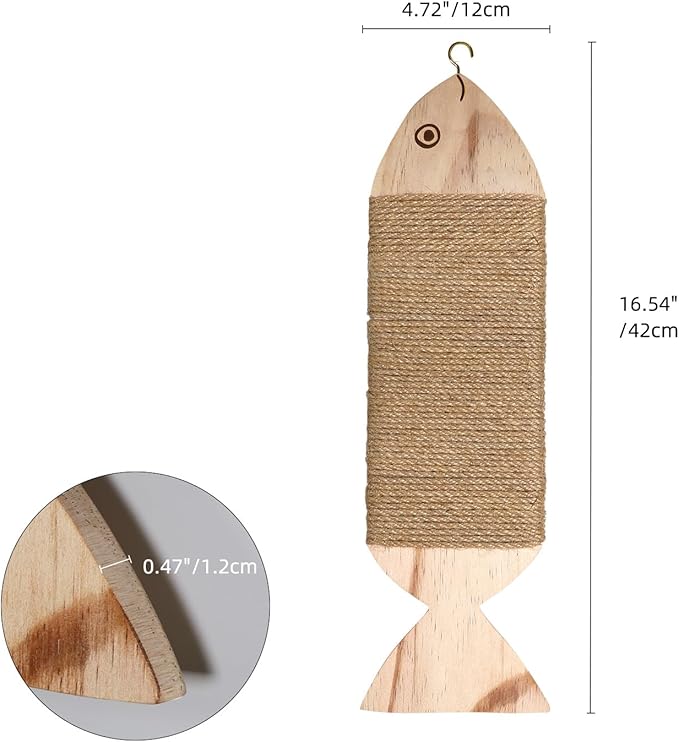 Wall-Mounted Cat Scratcher, Natural Jute Rope, Wooden Fish Shape, 16.54x4.72 Inch, Interactive Swaying Design, Indoor Cat Scratching Post
