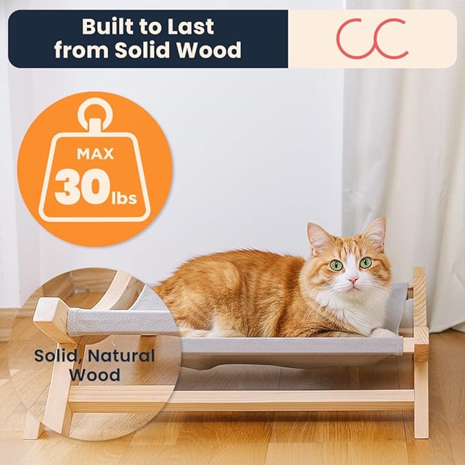 CallieCo Wooden Cat Hammock Bed, Modern Elevated Pet Lounger with Premium Wooden Frame & Breathable Fabric, Stylish Indoor & Outdoor Cat Bed for Cats & Small Dogs - Gray