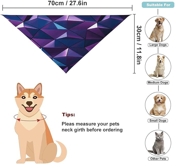 Dog Bandana Spring Pet Scarf Adjustable Triangle Purple Geometric Printing Dog Bib Washable Polyester Puppy Bandana for Small Medium Large Dogs Cat Birthday Party Supplies