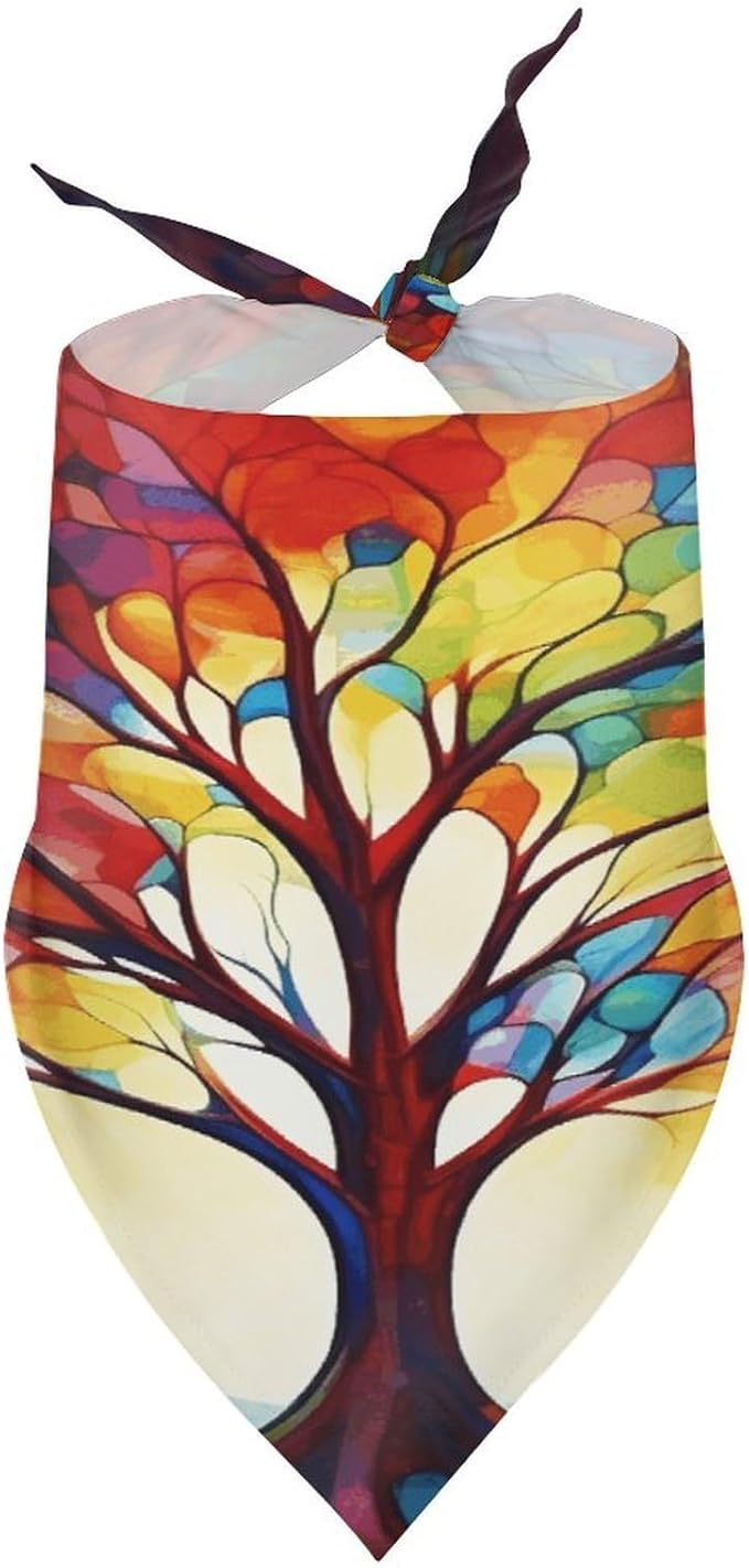 Dog Bandana Spring Pet Scarf Adjustable Triangle Colorful Tree of Life Printing Dog Bib Washable Polyester Puppy Bandana for Small Medium Large Dogs Cat Birthday Party Supplies