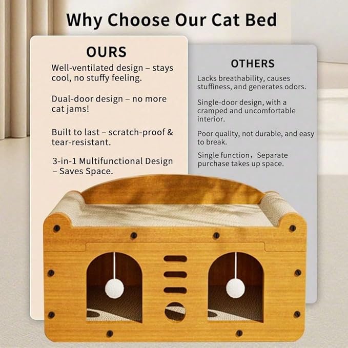 Multi-Function Cat Scratcher House Box,3-in-1 Scratch Pad and Soft Bed & Play Cave with Toys, Durable Build & Ideal for Cats/Kitty (Yellow,MD-DOOR1)
