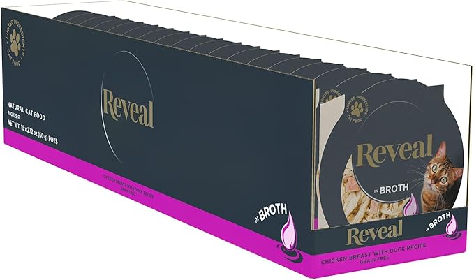 Reveal Natural Wet Cat Food, Limited and Natural Ingredients, Grain Free, High Protein with No Artificial Additives, Chicken Breast with Duck in Broth (18 x 2.12 oz Easy Peel Pots)