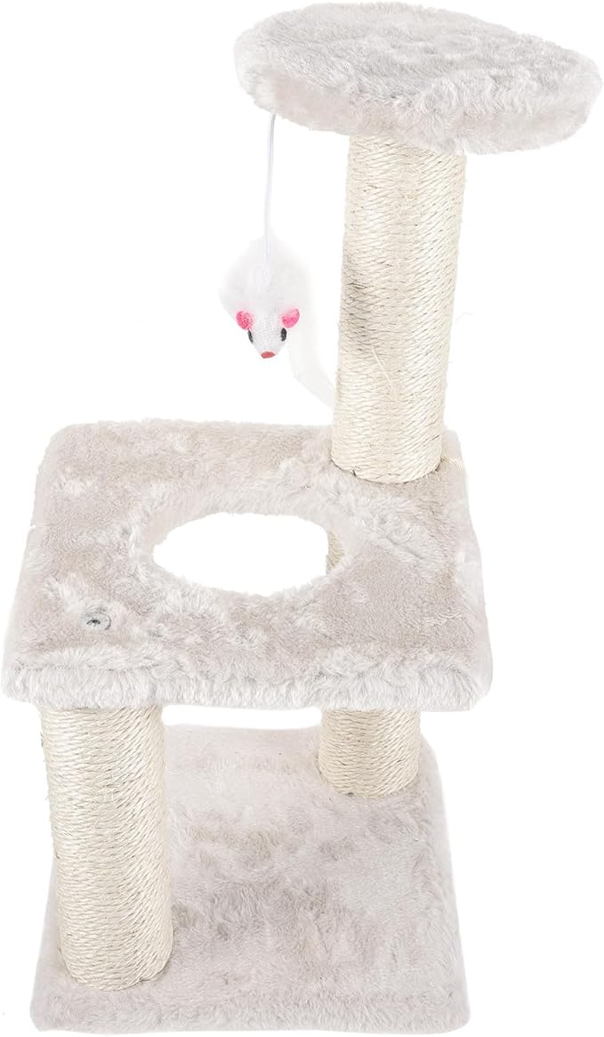 Beaupretty 3-Layer Sisal Cat Scratcher Post with Hanging Mouse Beige Multi-Level Sturdy Cat Scratching Tower for Indoor and Kittens