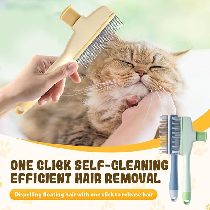 Flea Comb for Cats & Dogs, 2025 New Pet Hair Removal Comb with Release Button, Pet Grooming Brush Cat Dog Combs, Self-Cleaning Cat Brush for Short and Long Hair Cats (Green)