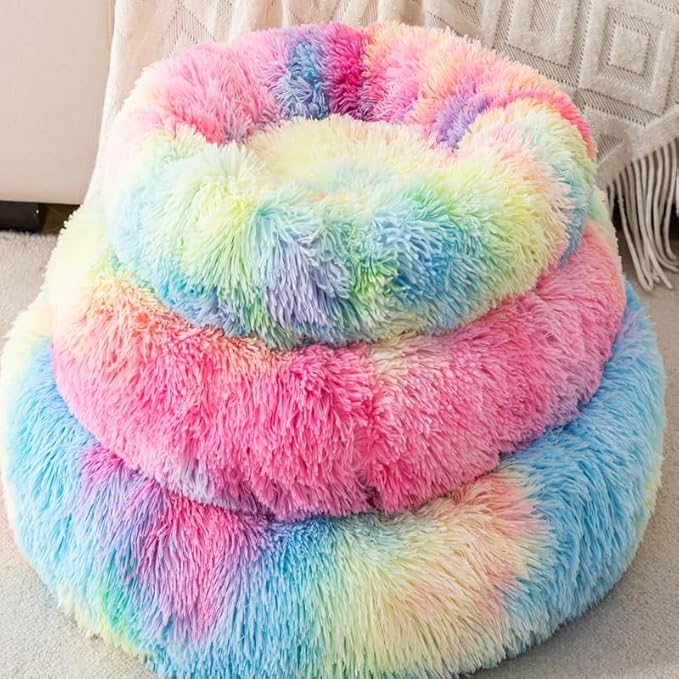 Calming Cat Beds for Indoor Cats Donut Small Dog Bed for Anxiety Plush Soft Kitten Bed Fluffy Faux Fur Rabbit Pillow Non Slip Bottom Indoor for Puppies and Cats for 3KG
