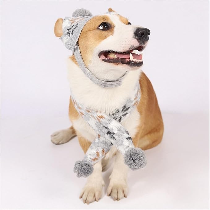 Happyyami Pet Dog Hat and Scarf Set Christmas Knitted Warm Snowflake Pattern Gray Scarf and Cap L Size for Holiday Pet Costume Supplies