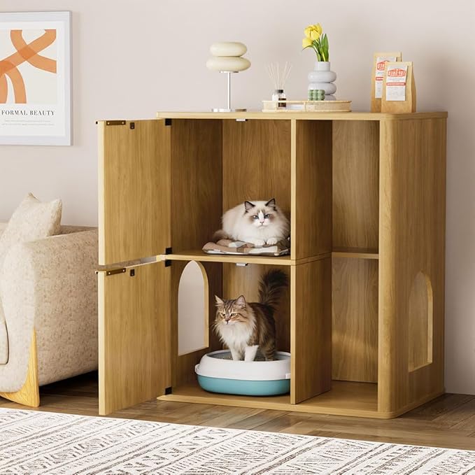 Cat Litter Box Enclosure Furniture, 2 Storey Hidden Litter Box Cabinet with Scratching Post & Storage Shelf, Fluted Modern Litter Box Enclosure for Living Room, Bedroom,Natural