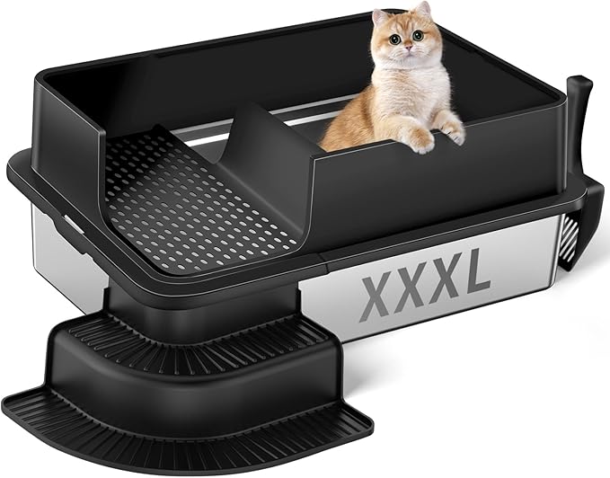 XXXL Stainless Steel Litter Box, 28"x20"x12" Extra Large Semi Enclosed High Sided Metal Cat Litter Box with Filtered Grid, Step, Scoop, Non-Sticky, Non-Odor, Easy Cleaning (Black)