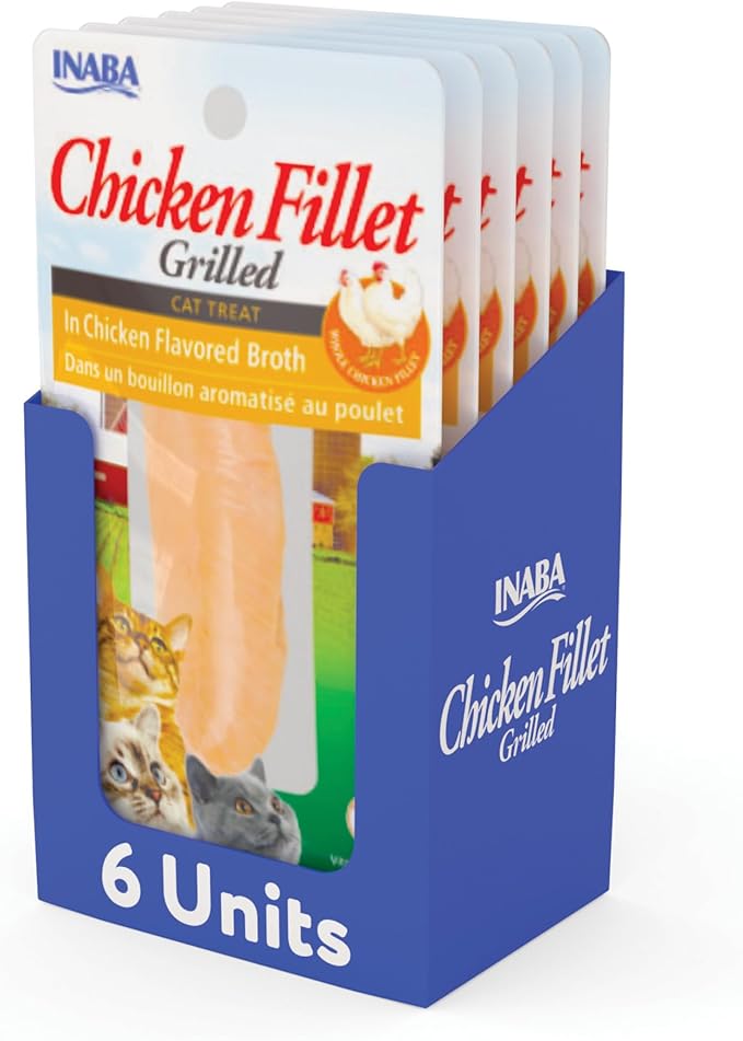INABA Natural, Premium Hand-Cut Grilled Chicken Fillet Cat Treats/Topper/Complement with Vitamin E and Green Tea Extract, 0.9 Ounces Each, Pack of 6, Chicken Broth