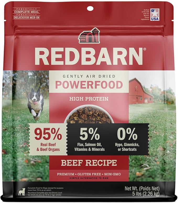 Redbarn Powerfood Air Dried Dog Food - 95% Beef & Beef Organs - High Protein Grain-Free Non-GMO Premium Dry Full Feed or Topper Made in USA with Omega 3 Salmon Oil Flaxseed - 5lb