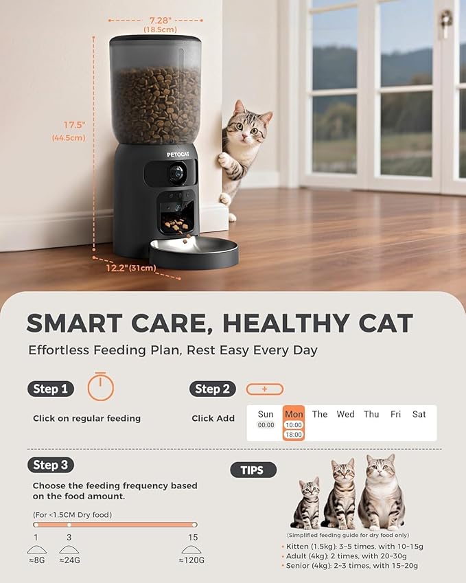 AI Automatic Cat Feeder with 2K HD Dual Cameras,5G&2.4G Wi-Fi 6L Cat Food Dispenser with Cats Recognition& Diet Tracking, Laser Interactive Toy & Two-Way Audio