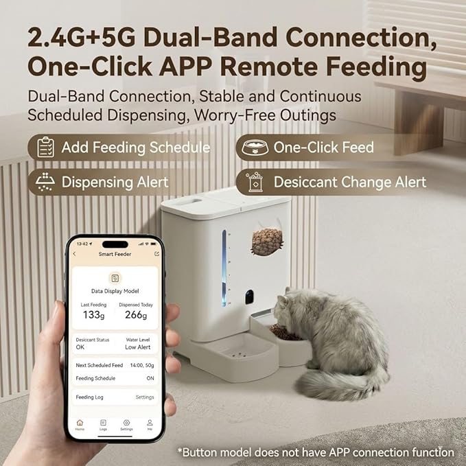 Smart Automatic Pet Feeder with Camera and Two-Way Audio, 5L Food & 4L Water Dispenser for Dogs and Cats, Dual Power Supply, Motion Sensor Light, Travel Pet Carepet feede (White (Basic))