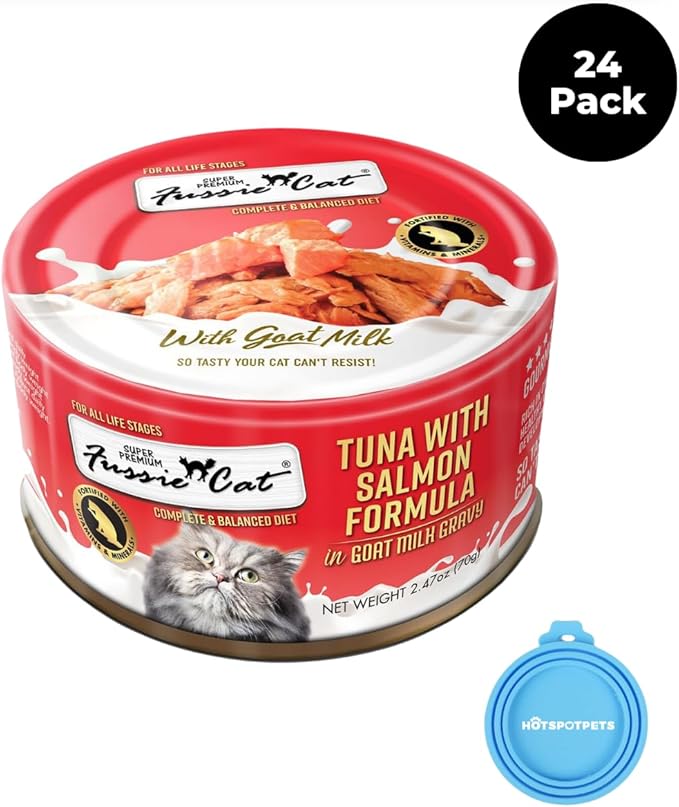 Fussie Cat Premium Canned Wet Cat Food in Goat Milk Gravy - 2.47 oz Cans - Case of 24 Cans (Tuna & Salmon)