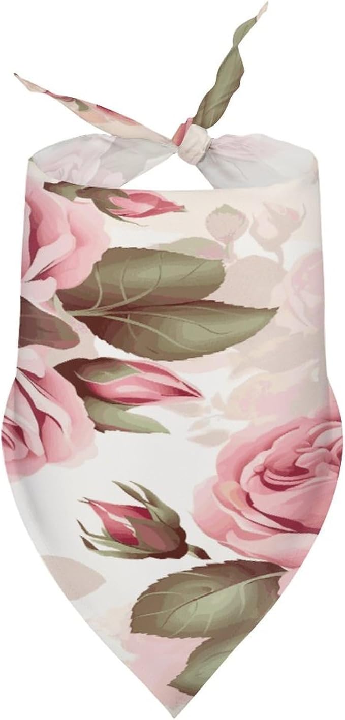 Dog Bandana Spring Pet Scarf Adjustable Triangle Pink Rose Floral Printing Dog Bib Washable Polyester Puppy Bandana for Small Medium Large Dogs Cat Birthday Party Supplies