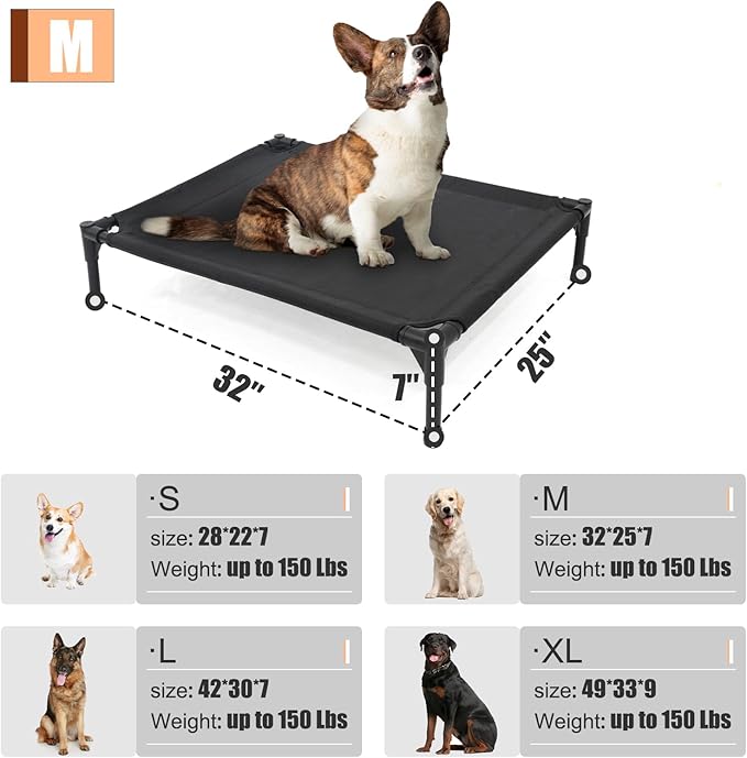 Elevated Dog Bed for Medium Dogs, Raised Dog Cot Fits Up to 150 LBs, Heavy Duty Pet Cots with Durable Supportive Teslin Recyclable Washable Mesh, Indoor & Outdoor Pet Bed, Brown
