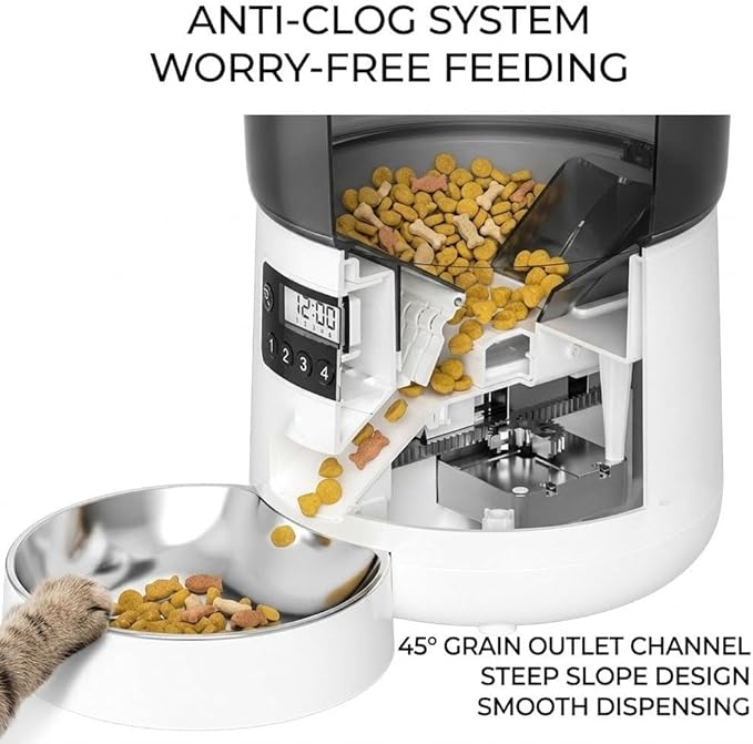 Automatic Pet Feeder 4L, Timed Cat and Dog Food Dispenser with Forced-Push Anti-Clog System, Dual Power Supply, Portion Control, Stainless Steel Bowl for Daily Feeding and Short-Term Travel
