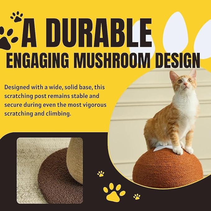 Shiitake Mushroom Cat Scratching Post, Mushroom Cat Scratcher for Indoor Cats, 100% Sisal Scratch Pole with Pompom Toy, Cute Durable Furniture
