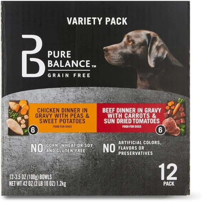 (2 Pack) ~ Pure Balance Grain Free Chicken Dinner in Gravy & Beef Dinner in Gravy Wet Dog Food Variety Pack ~ 3.5 Oz ~ (12 Count).