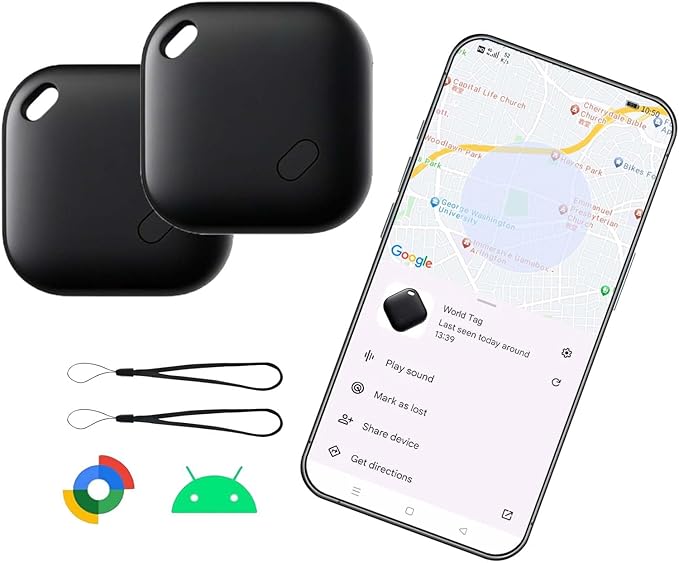 Bluetooth Tracker for Android 2-Pack, Google Certified Anti-Lost tag, Smart Item Locator with Global Network & Replaceable Battery for Keys, Wallet, Luggage, Pets-Black