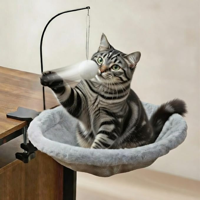 Cat Desk Bed for Home Office – Plush Clamp-On Cat Hammock with Hanging Feather and Ball Toy, Non-Slip Heavy-Duty Mount, Space-Saving Desk Mounted Cat Bed for Remote Workers Supports 40 lbs