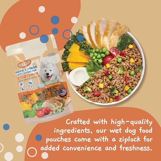 MOOCHIE Home Cooked Superfood Wet Dog Food - Beauty Skin & Coat - Chicken, Pumpkin & Tomato - No Artificial Flavors or Preservative - 6 x 9 oz Pouch
