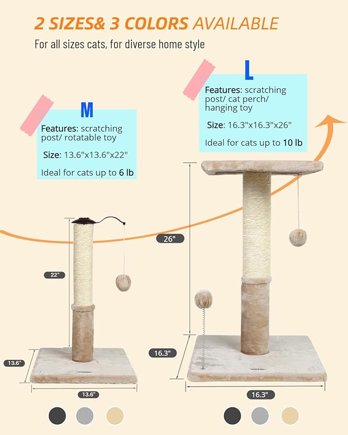 Happi N Pets 26" Cat Scratching Post with Platform, Sisal Cat Tree Tower for Indoor Cats, Featuring with Hanging Balls & Cozy Cat Perch, Stable Cat Scratch Posts for Kittens-Beige