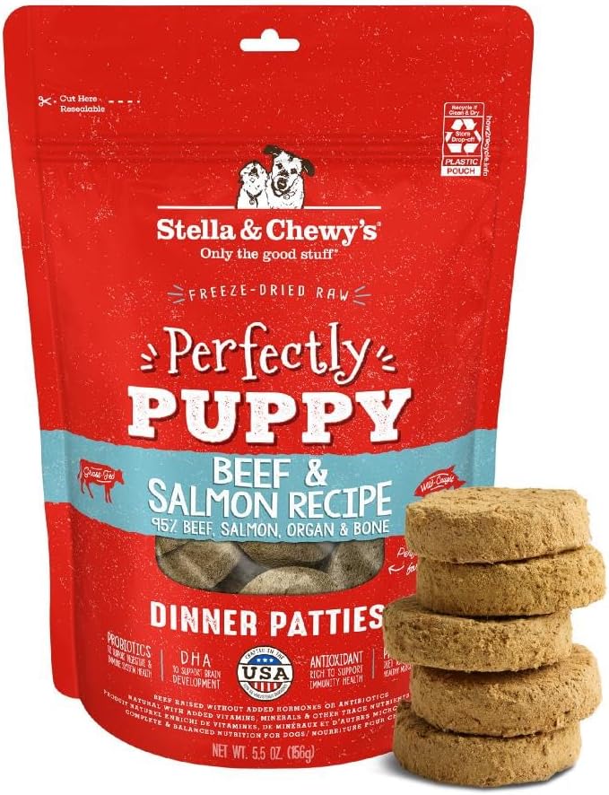Stella & Chewy's Freeze Dried Raw Dinner Patties – Crafted for Puppies – Grain Free, Protein Rich Perfectly Puppy Beef & Salmon Recipe – 5.5 oz Bag, Pack of 1