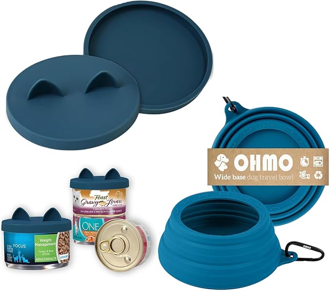 OHMO 2 Pack Cat Food Can Lids, Small Size (3 oz，Dark Blue)&No Spill Collapsible Dog Water Bowl