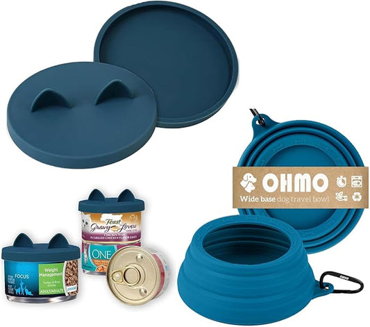 OHMO 2 Pack Cat Food Can Lids, Small Size (3 oz，Dark Blue)&No Spill Collapsible Dog Water Bowl