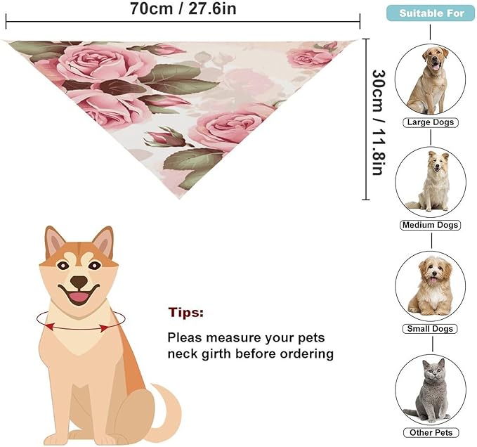 Dog Bandana Spring Pet Scarf Adjustable Triangle Pink Rose Floral Printing Dog Bib Washable Polyester Puppy Bandana for Small Medium Large Dogs Cat Birthday Party Supplies