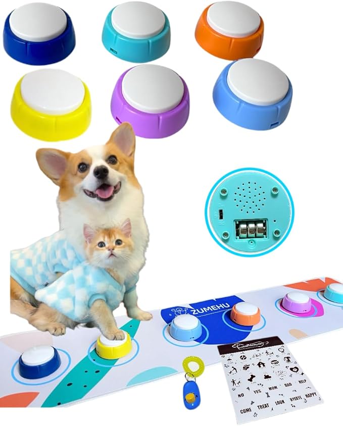 Dog Buttons for Communication Starter Kit - 6 Color Recordable Dog Buttons with Non-Slip Mat & Training Clicker, 0.5lb Easy-Press Talking Buttons for Small Dogs & Cats, Pre-Installed Battery