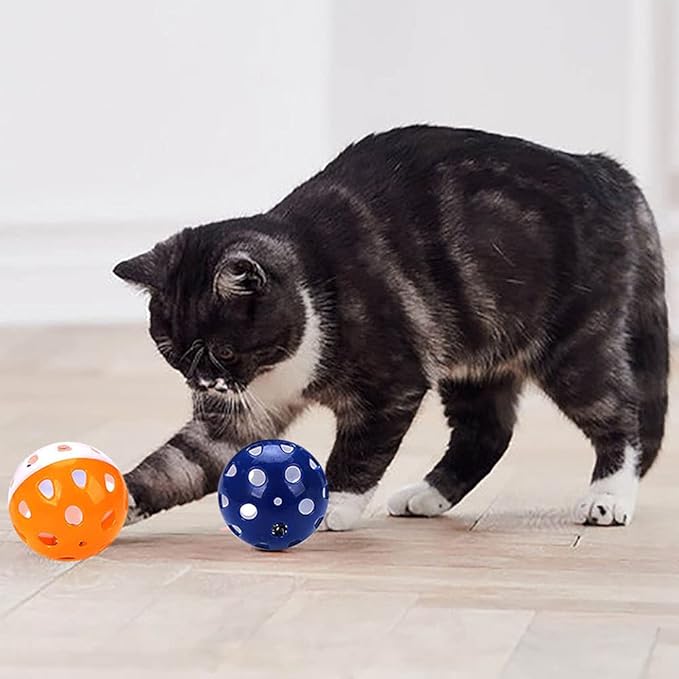 12PCS 4CM Cat Toy Ball with Bell, Pet Ball Kitten Toy with Bell Cat Jingle Balls for Cats Kitten, Plastic Jingle Balls Pounce Chase Rattle Toys, Random Color