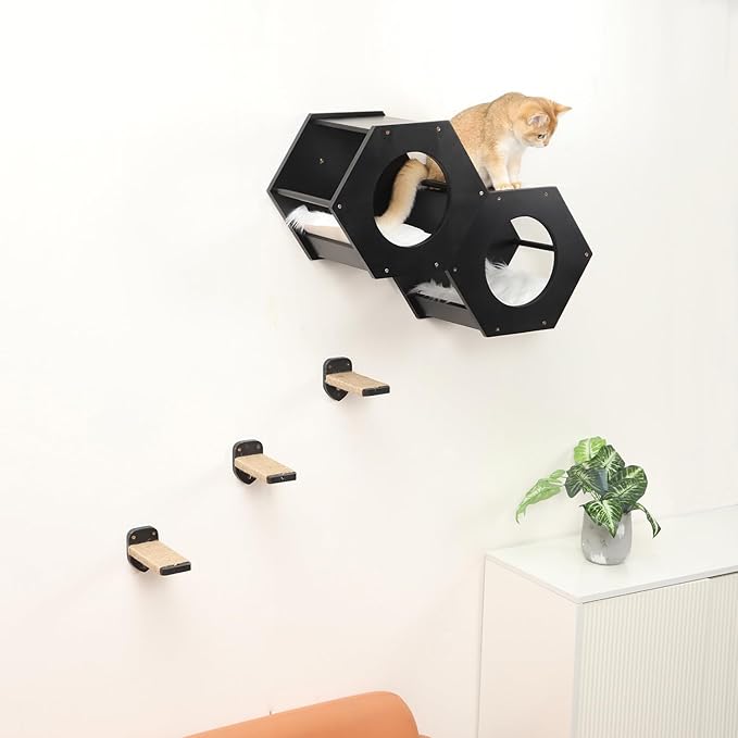 Cat Shelves with 3 Steps Scratcher Post & Hammock - Wall Mounted Climbing Shelf for Indoor Cats (Black)