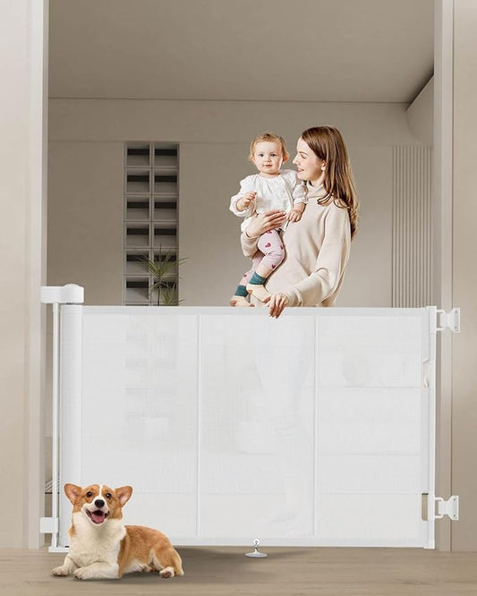 71 inch Retractable Baby Gates 34 inch Tall, Retractable Gate with Reinforced Strip Design to Prevent Crawling Through, 6 FT Retractable Dog Gate for Stairs, Doorways, Hallways, Indoor/Outdoor