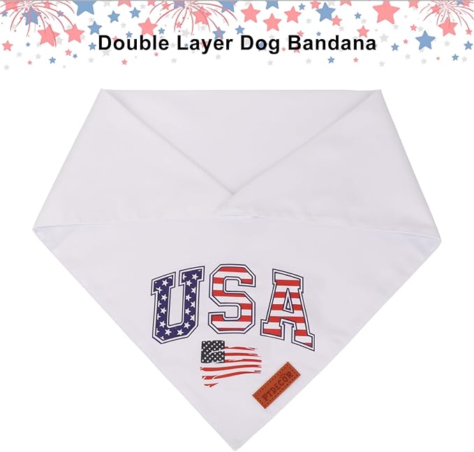 PTDECOR American Flag Dog Bandana, White USA Flag 4th of July Pet Scarf, Premium Durable Fabric, Reversible Triangle Patriotic Bandanas for Medium Large Dogs Pets (Large)