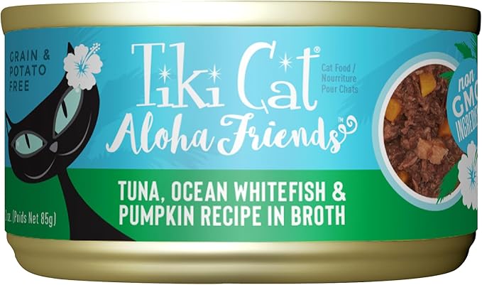 Tiki Cat Aloha Friends, Tuna, Ocean Whitefish & Pumpkin, Grain-Free & High Moisture, Wet Cat Food for All Life Stages 3 oz. Can (12 Count)