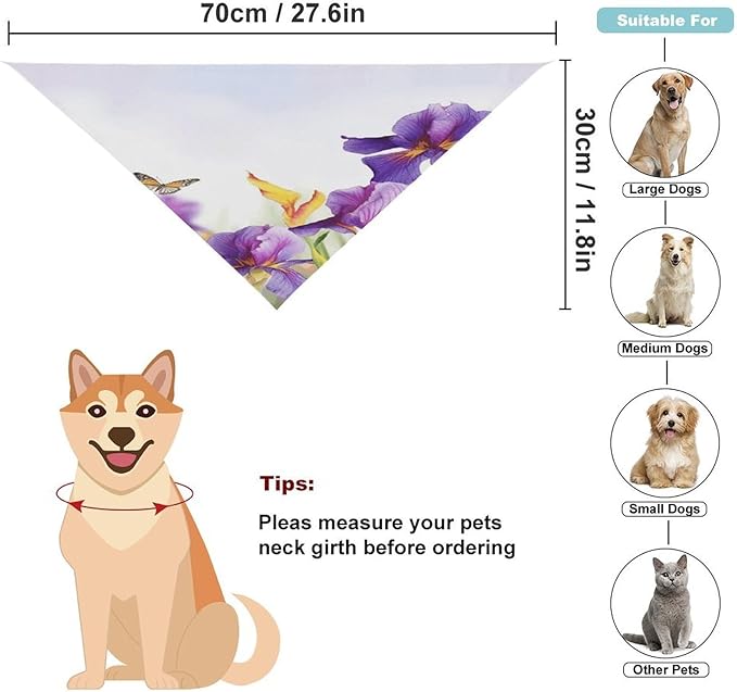 Dog Bandana Spring Pet Scarf Adjustable Triangle Iris Flower Butterfly Printing Dog Bib Washable Polyester Puppy Bandana for Small Medium Large Dogs Cat Birthday Party Supplies