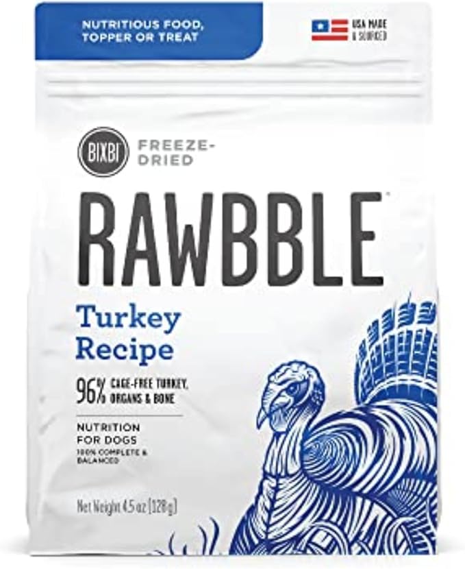 BIXBI Liberty Freeze-Dried Dog Food Topper & Treats, Turkey – 96% Meat & Organs, No Refrigeration – USA Made, 4.5 oz
