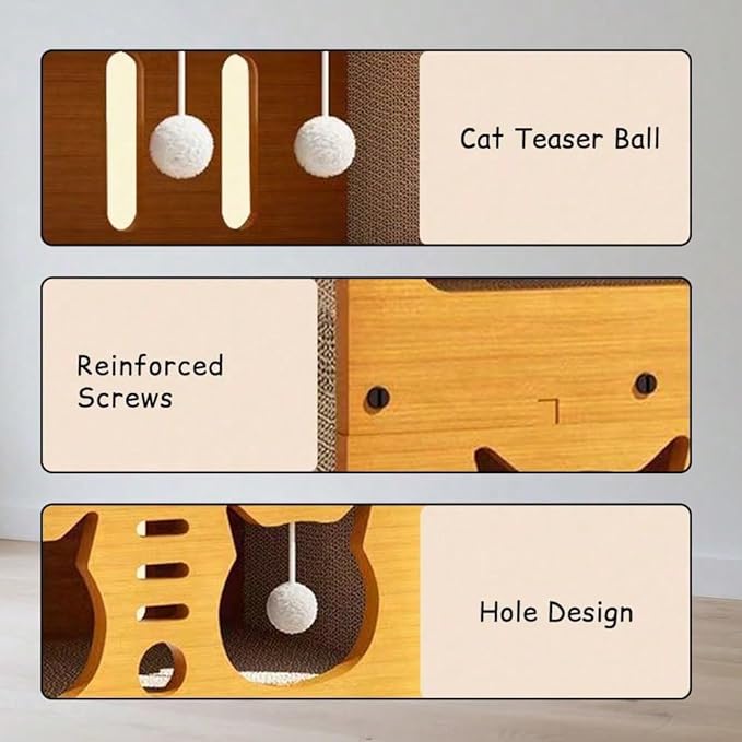 Multi-Function Cat Scratcher House Box,3-in-1 Scratch Pad and Soft Bed & Play Cave with Toys, Durable Build & Ideal for Cats/Kitty (Yellow,MD-CAT2)