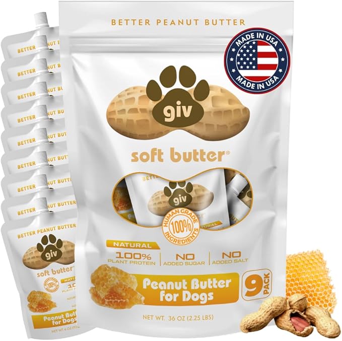 Dog Peanut Butter - All Natural Human Grade - 2 Ingredients (Peanuts & Honey) - Perfect for Pill Pockets, Lick Mat, Training Treats and Healthy Food, 4oz Pouches (Pack of 9)