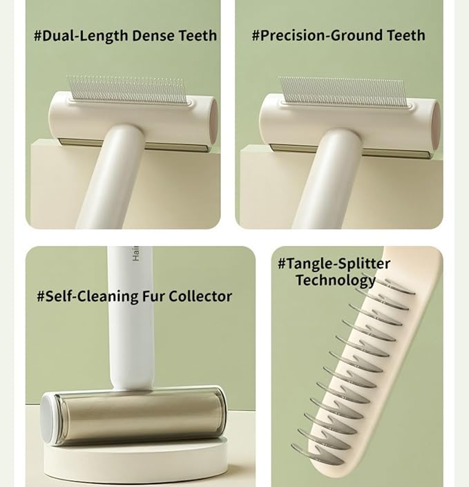 3-in-1 Pet Grooming Combs for Matted Hair Dogs/Cats,Stainless Grooming Comb with Short & Long Teeth,With a Lint Roller for Dust & Hair,Hidden Dematting Comb for Long Hair,Easy to Use and Clean Green