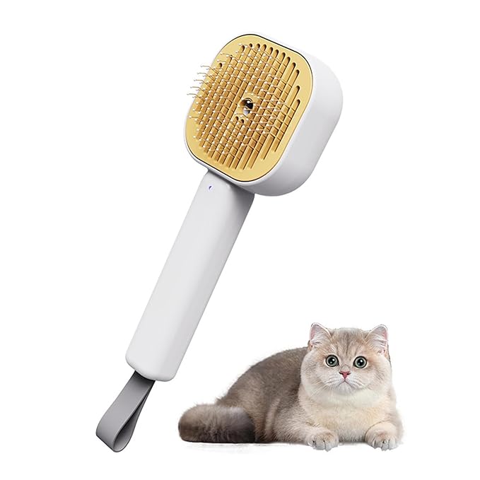 3-in-1 Cat Steam Brush – Self-Cleaning Pet Spray Grooming Comb for Cats & Dogs, USB Rechargeable, Shedding, Massaging & Hair Removal with Cool Mist (Yellow)