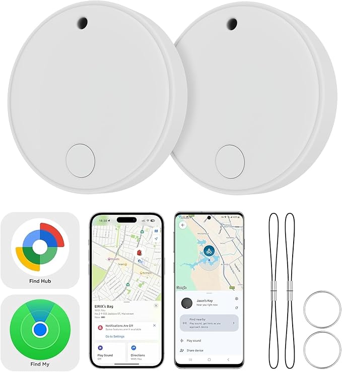 Smart Tracker Tags 2 Pack-for Android or iOS,Dual System Smart Tags、Bluetooth Tracker Work with Apple Find My or Google Find Hub App,Item Locator for Backpack,Pet,Keys,IP67 Waterproof (White)