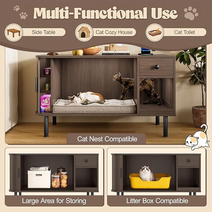 Cat Litter Box Enclosure Furniture with Sliding Door & Charging Station, Hidden Cat Litter Box Cabinet with Drawer & Shelves, Modern Indoor Cat House Side Table for Living Room Bedroom, Brown