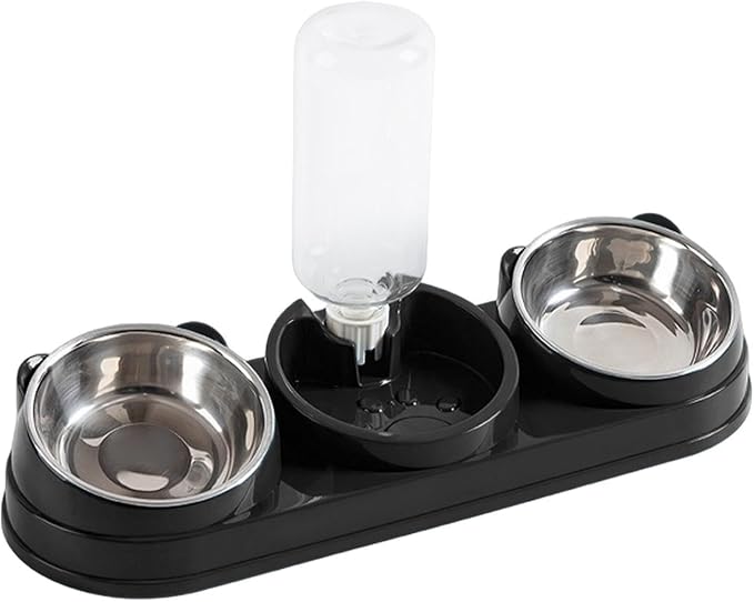 Elevated Double Bowl Pet Feeders with Automatic Water Dispenser Antislip Base for Dog Cats Daily Feeding Watering Supply - Black - Steel Bowl