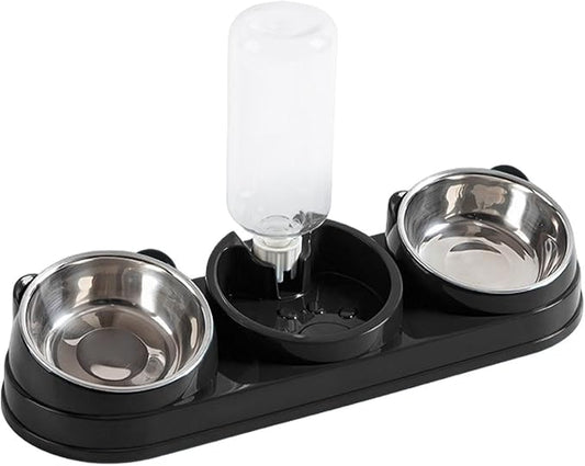 Elevated Double Bowl Pet Feeders with Automatic Water Dispenser Antislip Base for Dog Cats Daily Feeding Watering Supply - Black - Steel Bowl