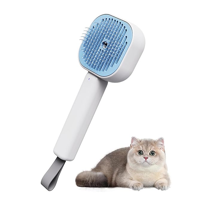 3-in-1 Cat Steam Brush – Self-Cleaning Pet Spray Grooming Comb for Cats & Dogs, USB Rechargeable, Shedding, Massaging & Hair Removal with Cool Mist (Blue)